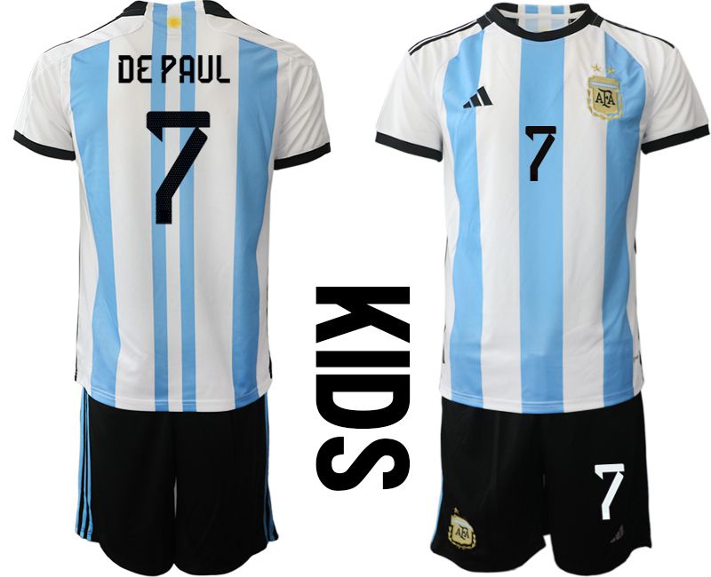 Youth 2022 World Cup National Team Argentina home white #7 Soccer Jerseys->youth soccer jersey->Youth Jersey